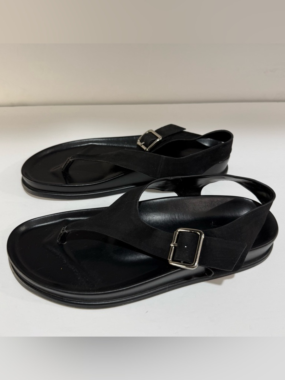 Zara Black Suede Thong Sandals with Silver Buckles, sz 39 EU